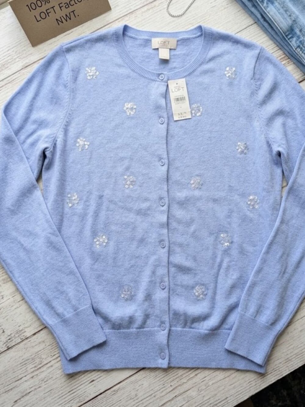 LOFT Light Periwinkle Blue W Sparkly Sequin Flower Button Cardigan 100% Cotton